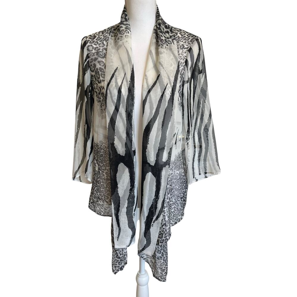 Chico's Kimono Jacket Cardigan Size 1 8/10 Medium Mixed Animal Print Black White